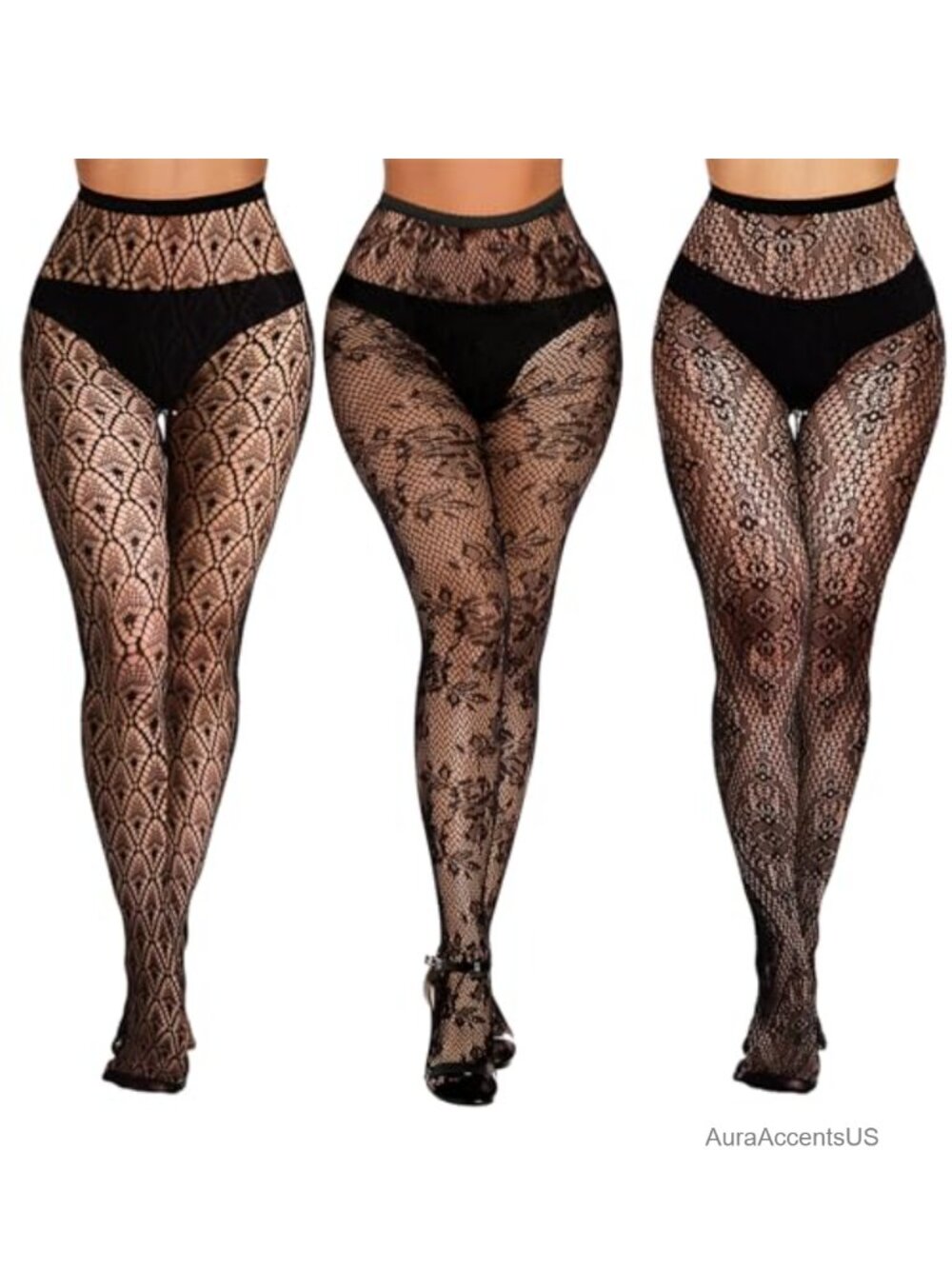 3 Pairs Lace Patterned Fishnet Tights Women's Sheer Hosiery